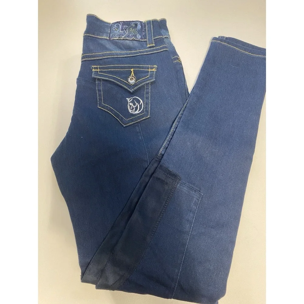 2kgrey Horse Riding Pants 26 in. Women's wow knee patch denim breech indigo blue